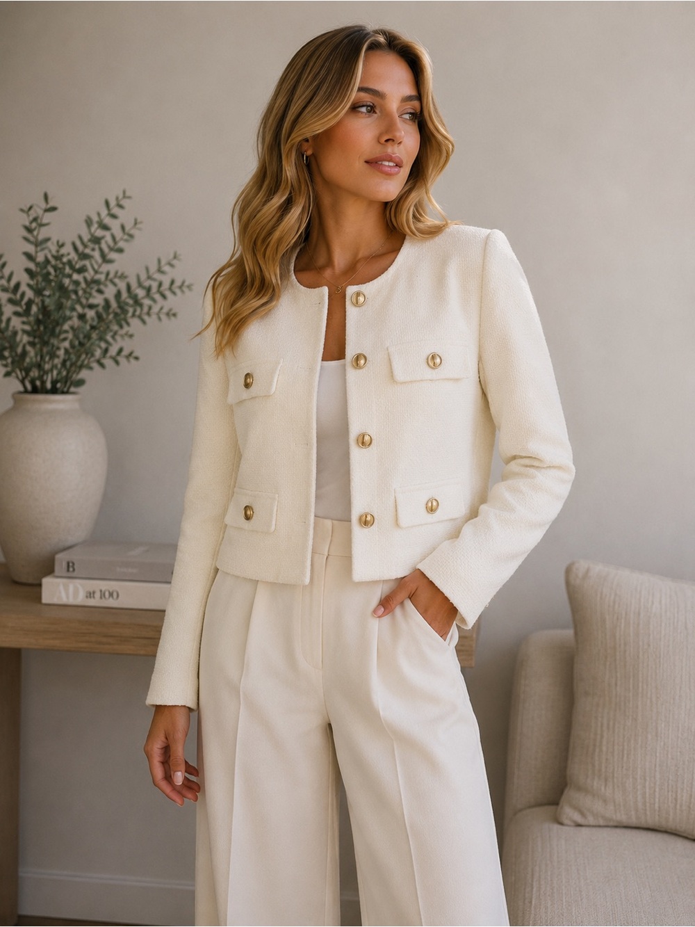 Zara Cream Textured Button-Front Cropped Jacket